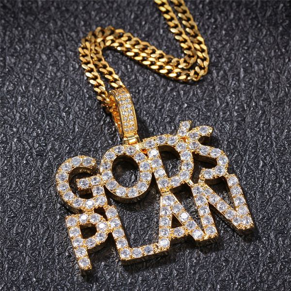 Oro argento placcato 2 righe lettera Gods Plan ciondolo collana con catena di corda regalo di gioielli hip-hop delle donne degli uomini