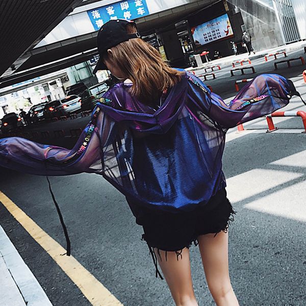 

harajuku лазерная сетка jaket женщины прозрачные куртки лето с длинным рукавом фиолетовый золото видеть сквозь солнцезащитный крем толстовка, Black;brown