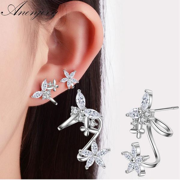 

anenjery 925 sterling silver butterfly shiny cz zircon stud earrings for women pendientes oorbellen boucle d'oreille gift s-e327, Golden