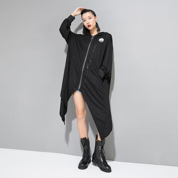 

women bat sleeve asymmetric length hooded black trench coat long cardigan female streetwear hip hop gothic cloak outerwear, Tan;black