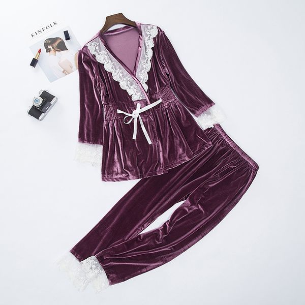 

2019 pajama sets women velvet lace ladies nightgown long sleeves home wear two piece set lingerie pajamas pyjamas mujer, Blue;gray