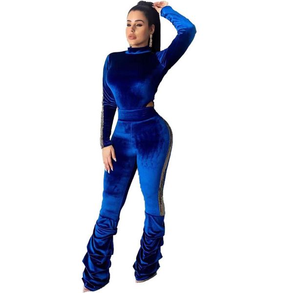 

sequin striped two piece set women velvet bodysuit and pants fall winter clothing 2 piece club outfits matching sets, White