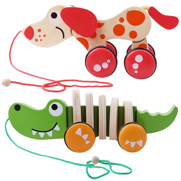 Дети Деревянных Крокодил Собака Drag Скручивания игрушка дети мультфильм животные скручивание Пазлы Классических игрушки младенец автомобили образование игрушка