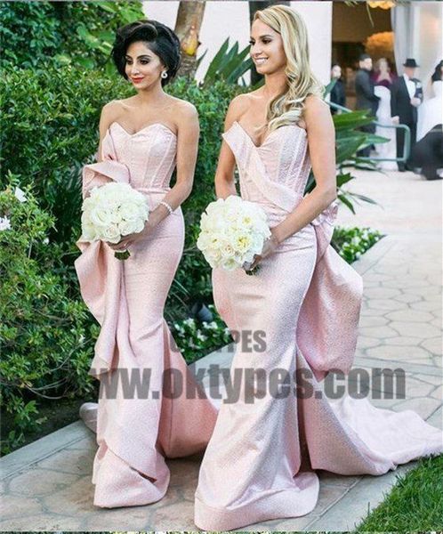 

pink mermaid ruffles bridesmaid dress with sweep train long 2019 sweetheart boning fishtail garden summer wedding party prom guest dress, White;pink