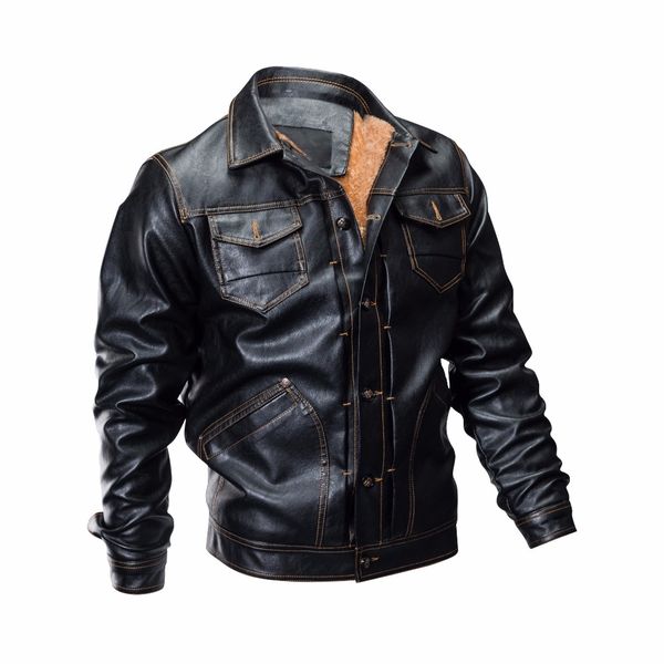 

winter leather jacket men thick warm wool liner pu leather coat men single breasted turn-down collar windbreaker biker jacket, Black