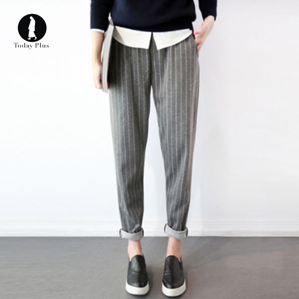 

casual loose harem pant trousers women elastic waist stripes pants fashion plus size female black grey elegant party pants s-5xl, Black;white