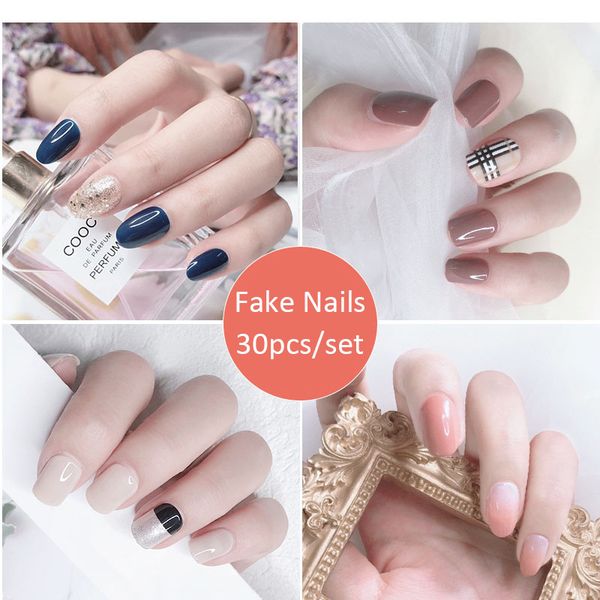

30pcs/set reusable acrylic fake nails with adhesive sticker glue press on nail full cover manicure tips nail extension manicure tool, Red;gold