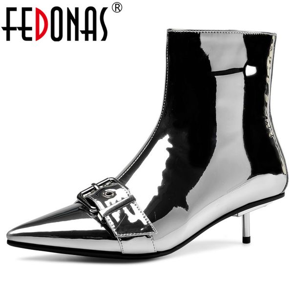 

fedonas fashion buckle decoration female boots genuine leather strange heels party shoes woman winter women ankle boots, Black