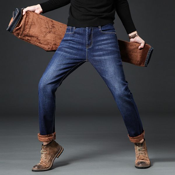 

зима теплого высокого качества флиса мужской джинсы толщина stretch denim jean прямой мужская марка хлопок брюки большого размера брюки 28-4, Blue