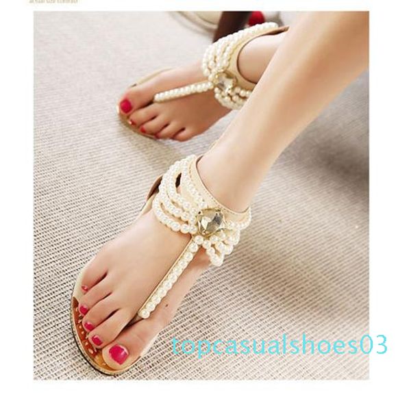 

new pearl chain beads with rhinestone sandals flat heel flip flops fashion women sandals shoes epacket t03, Black