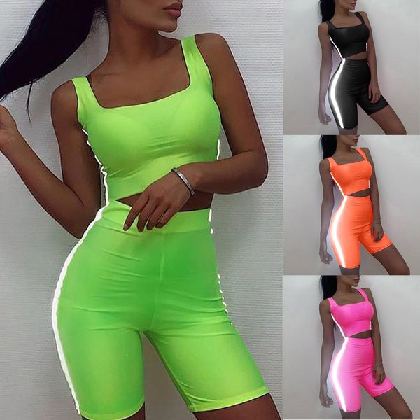 

women yoga set female belt suit set bra sleeveless fluorescent color tank shorts fitness running yoga gym sports clothes, White;red