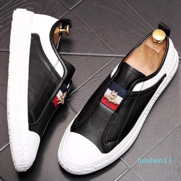 

cowhide small white shoe loafer shoe recreational board shoes new soft sole shoe stylist elastic belt bee star shoes l13, Black