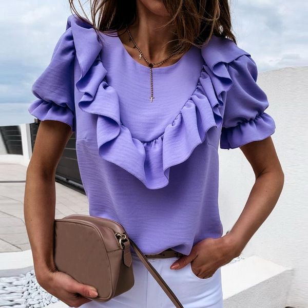 

littlerassa elegant women o neck blouse shirt casual summer ruffle short sleeve beach shirts pullover solid chiffon blusa, White