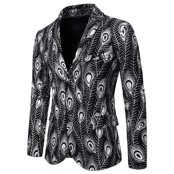 

shiny silver peacock feather print blazer men slim fit notched lapel mens blazer jacket wedding suit jacket men terno masculino, White;black