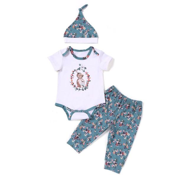 

summer baby short sleeve round collar printed romper long pants hat three-pieces suit set, White