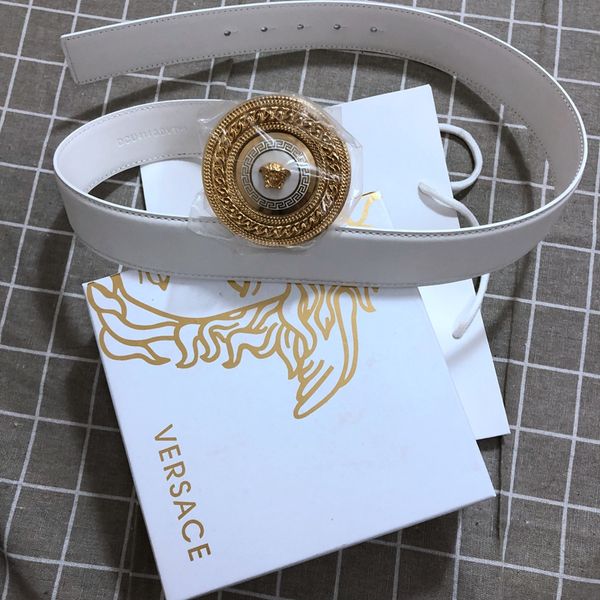 

Medu a belt white real leather with big gold buckle luxury brand men de igner belt with box original package