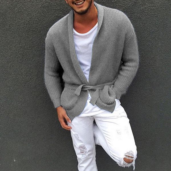 

men's fashion solid color long sleeve knitted cardigans males shawl collar loose slim fit lace up casual sweater coats 2019 new, White;black