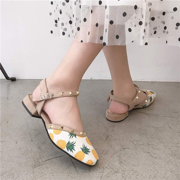 

xgravity 2020 summer round toe flat sandals pineapple women rivets ladies fashion lady strawberry shoes b034 s04, Black