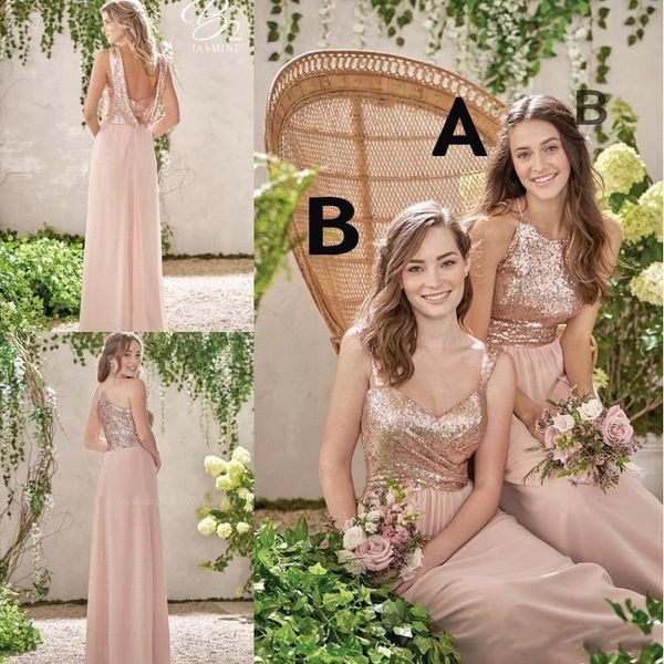 

new rose gold bridesmaid dresses a line spaghetti backless sequins chiffon long beach wedding gust dress maid of honor gowns, White;pink