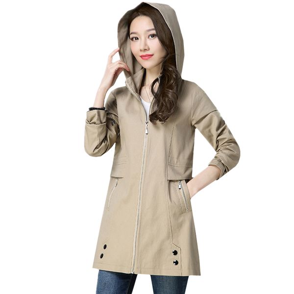 

spring autumn new trench coat for women casual hooded coat plus size ladies long coats solid slim windbreaker women overcoat 4xl, Tan;black