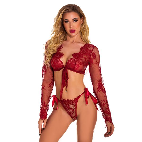 

pajamas set womens lace knit nightwear lingerie gown sleep cami pjs set with shorts, Red;black