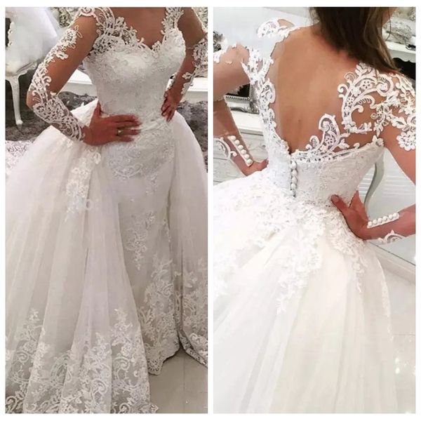 

2019 modest sheer long sleeves lace appliques wedding dresses with detachable train beaded bridal gowns formal vestidos de marriage, White