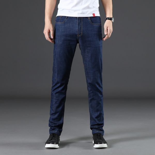

classic men's dark grey jeans 2019 new pants fashion casual cotton elastic slim fit brand trousers male, Blue