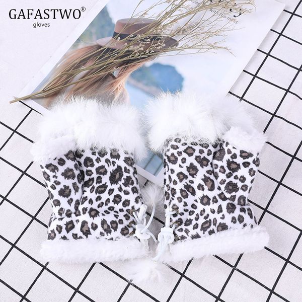 

new womens plus velvet warm fur gloves fashion leopard and solid colors fleece half finger gloves, Blue;gray