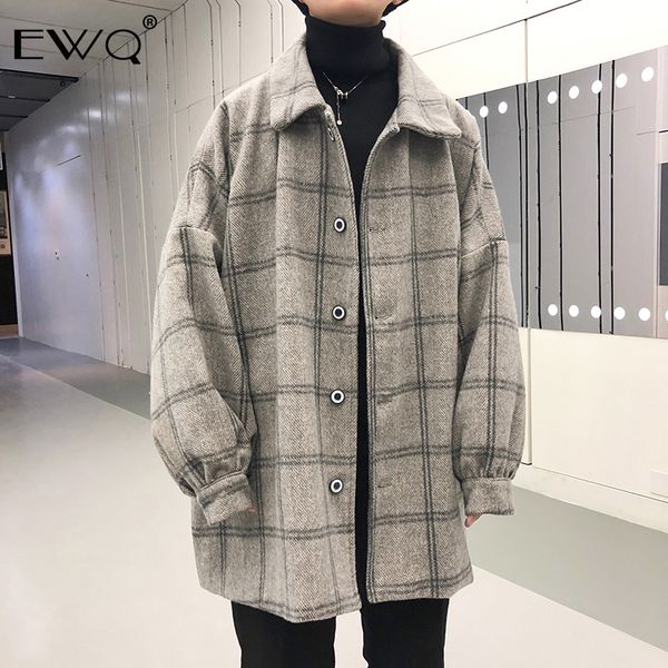 

ewq 2019 spring autumn men woolen plaid windbreaker jacket vintage long sleeve loose coat new arrival men fashion overcoat hd528, Black