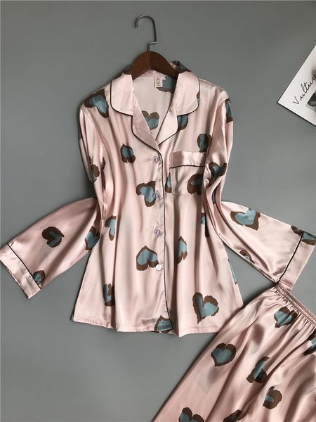 

2 piece autumn women sleepwear faux silk satin pajamas set long sleeve sleepwear pajamas suit female homewear nightwear, Black;red