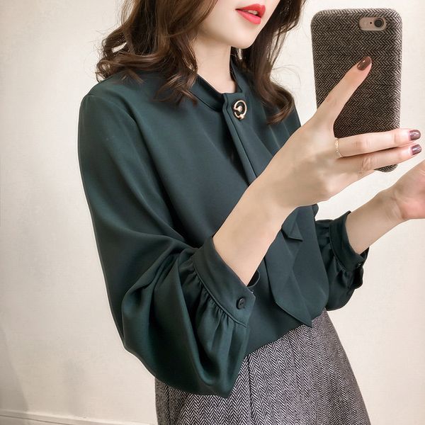 

мода женщины длинный фонарь рукав блузка дамы офисная работа обычная рубашка топы, White