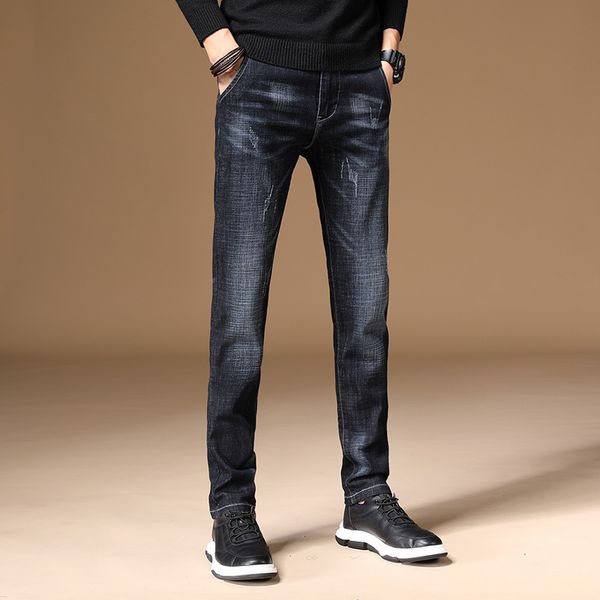 

2020 men's new regular fit casual elastic fashion jeans stretch thick denim soft pants trousers autumn winter, Blue