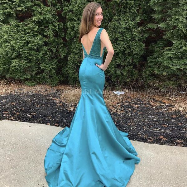 

deep v-neck robe de soiree turquoise evening dress mermaid style delicate beading party dress backless vestidos de festa, White;black