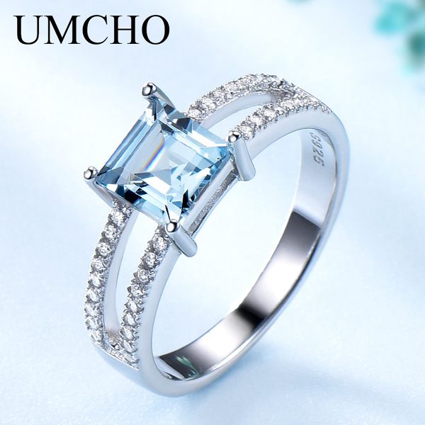 

umcho sky blue z rings for women 925 sterling silver wedding band anniversary dainty ring square cut gemstone fine jewelry, Golden;silver