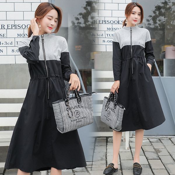 

2019 autumn long sleeve waist sports casual windbreaker sweater skirt loose sweater skirt long overknee stitching windbreaker dress