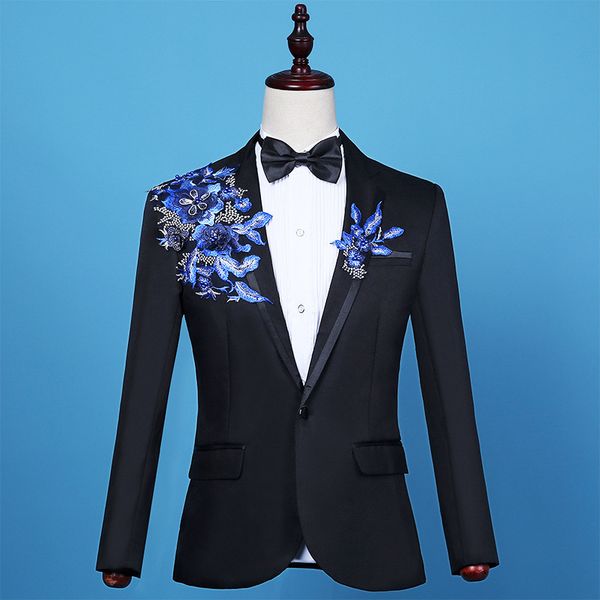 

2020 men's, black stereo embroidered parquet suit new style host master of ceremonies stage slim fit studio suit two pieces, White;black
