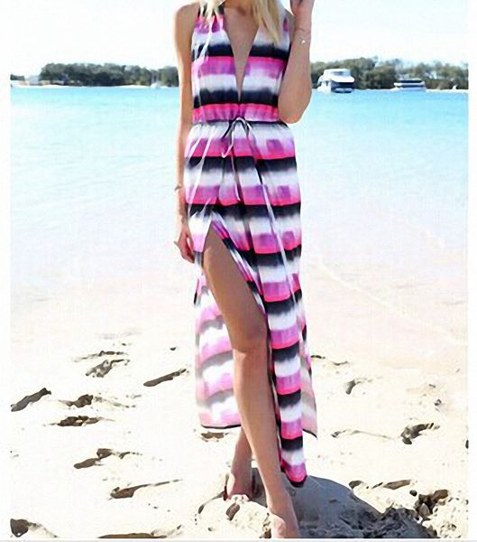 

new women summer sleeve striped long maxi party v neck dress sundress, Black;gray