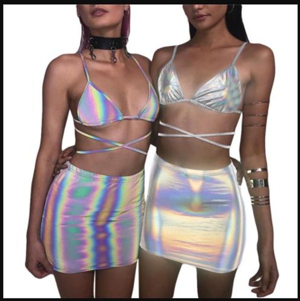 

3m reflective designer women tracksuits summer 2pcs suits cross strap bikinis nightclub pencil dress women beach bathing clothing, White