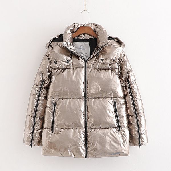 

2020 зимняя женская куртка с капюшоном металла harajuku пузыря куртки женские с капюшоном parka пальто дамы теплый хлопка пальто, Black