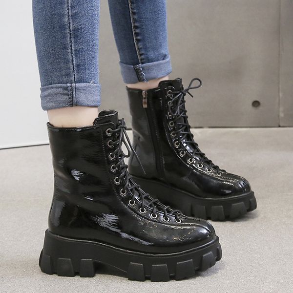 

lucyever high platform motorcycle boots women waterproof patent leather winter shoes woman fashion zipper lace up booties mujer, Black