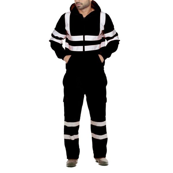 

men's outdoor night run set road work high visibility pullover sweatshirt pants sets sport suit tracksuit male autumn clothing, Black;blue