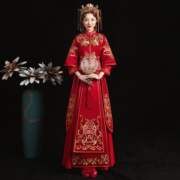 

royal female embroidery wedding qipao overseas chinese vintage marriage cheongsam suit flower elegant asian bride dress gown, Red