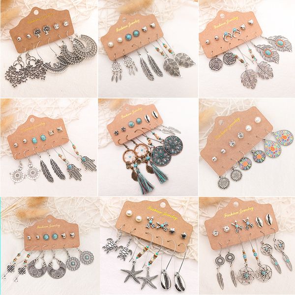 

women bohemian ethnic style earrings leaf geometric dangle earrings hoop earrings fashion jewelry 6 pairs/set, Silver