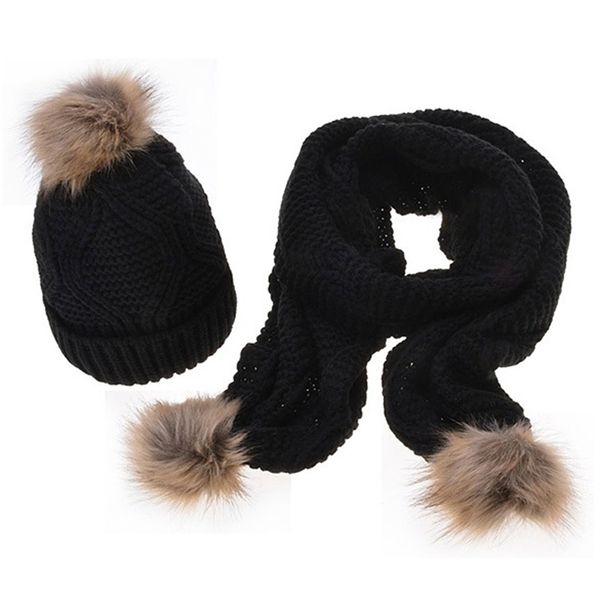 

autumn winter warm women knitted hat scarf sets 2020 fashion women thick wool warm knitted scarves fur pompom knitte caps set, Blue;gray