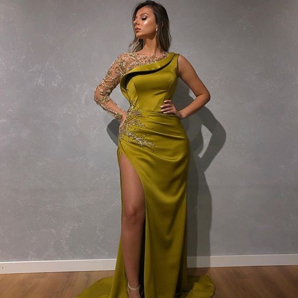 

сексуальные вечерние платья o-образным вырезом бисером со стразами боковой сплит длинные рукава одно плечо атлас желтый выпускной вечерние п, White;black