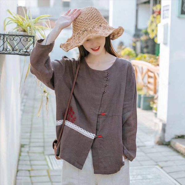 

2020 season literature art chinese style plate buckle short coat women's autumn harajuku coat cotton and linen cotton and linen shirt t, White