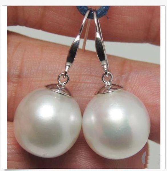 

huge perfect round 16mm white south sea shell pearl 14k white gold earrings, Golden;silver