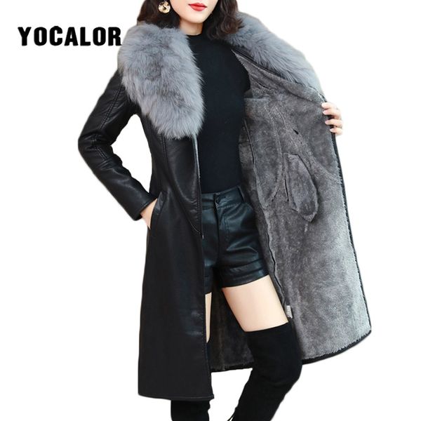 

winter faux fur collar leather long loose coats coat female jacket parka women fourrure femme mink sheepskin fashion, Black