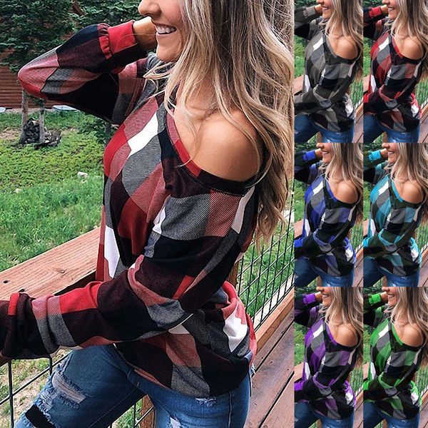 

плед пэчворк нерегулярные весна осень женские дизайнерские рубашки с плеча повседневная с длинным рукавом свободные женские топ, White