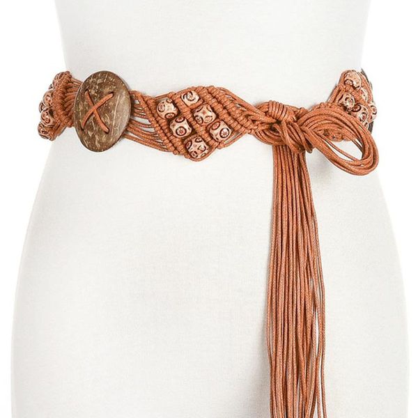 

ethnic style wax rope woven beach bohemian ladies thin rope flower plant knit belt ladies dress, Black;brown